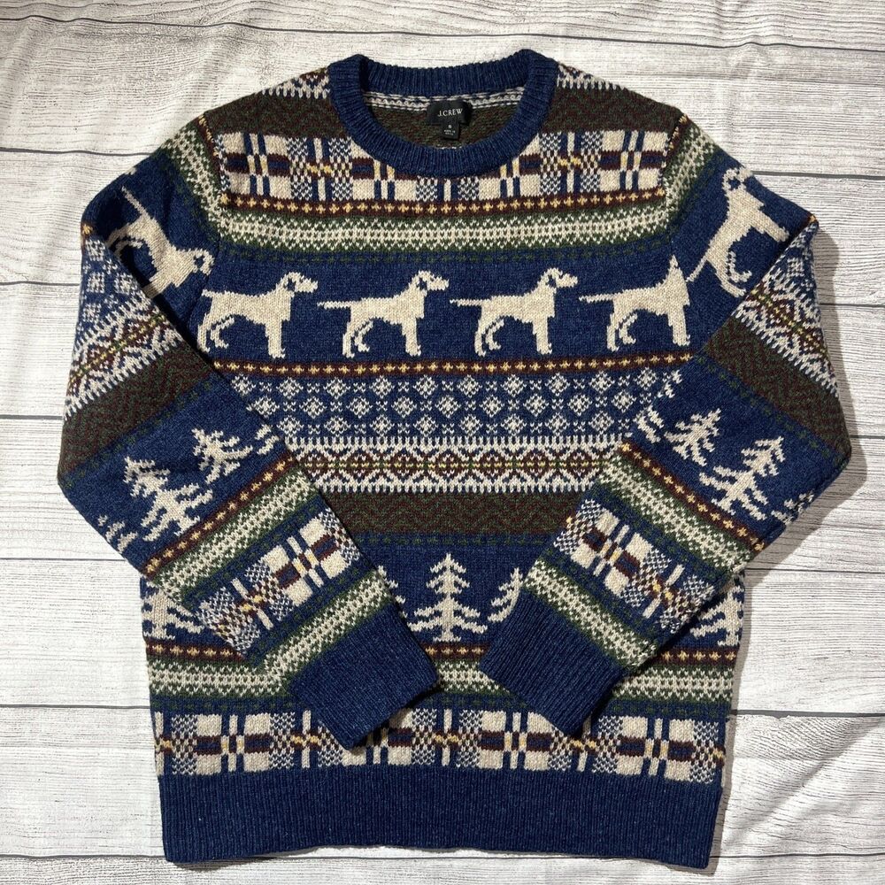 J Crew 100% Lambs Wool Fair Isle Duck Labrador Dog Christmas Hunting Sweater S